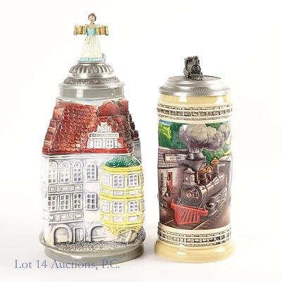 German Figural Lidded Beer Steins (2). Assortment of two different lidded beer steins. One stein 