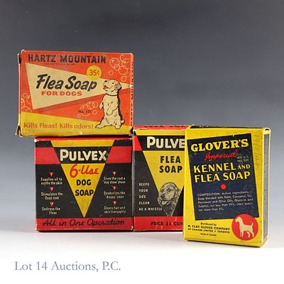 Unused Mid 20th c. Dog & Flea Soaps. Four boxes of unused soaps meant for washing dogs &amp; 