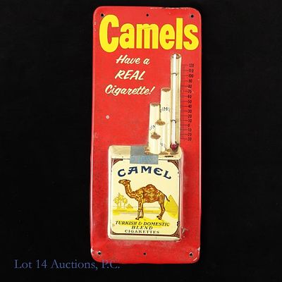 1950's Era Camels Cigarette Tin Thermometer. Circa 1950's tin thermometer with advertising for 