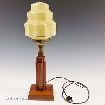 Art Deco Empire Table Lamp, Glass Stepped Globe. Art Deco Empire table lamp. Wood base in a 