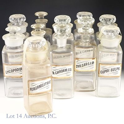 Vintage Square Apothecary Glass Bottles (12). Twelve (12) empty vintage square-base apothecary 