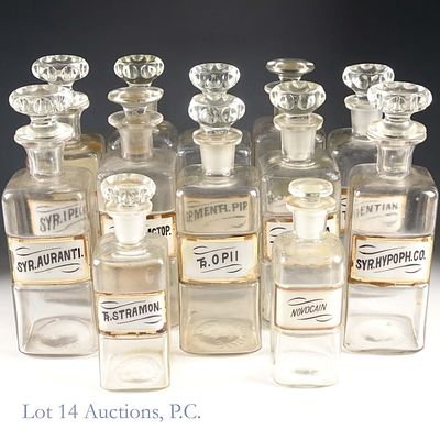 Vintage Square Apothecary Glass Bottles (12). Twelve (12) empty vintage square-base apothecary 