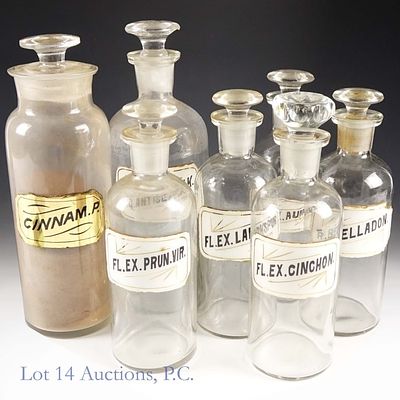 Vintage Round Apothecary Glass Bottles (7). Seven (7) empty vintage round-base apothecary 