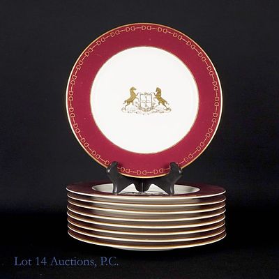 Arlington Racecourse 10.5 Inch Dinner Plates (9). Nine gold edge burgundy dinner plates from the 