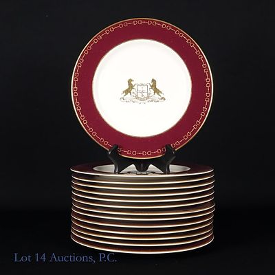 10.5 Inch Arlington Racecourse Dinner Plates (12). Twelve gold edge burgundy dinner plates from 