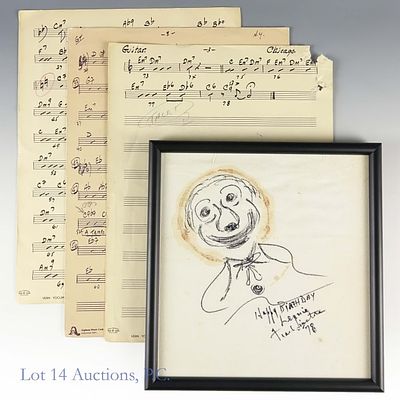 Frank Sinatra Signed Sketch & Sheet Music. Sketch of a clown on what appears to be a stained 