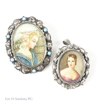 800 Silver Victorian Style Mini Portraits. Two antique Victorian style miniature portraits in 