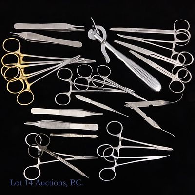 Surgical Clamps, Scissors, Tweezers, More (22). Twenty two (22) various surgical tools - clamps 