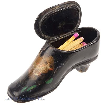 1870s Papier Mache & Lacquer Shoe Vesta Box. Vesta box / match safe made of papier mache and 