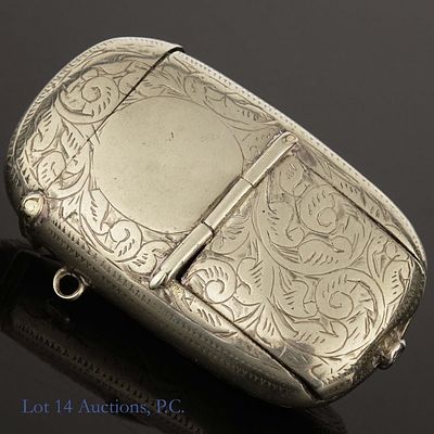 Silver Plated Vesta w/ Stamp, Pencil, Coin Holders. Silver plated vesta case / match safe with a 