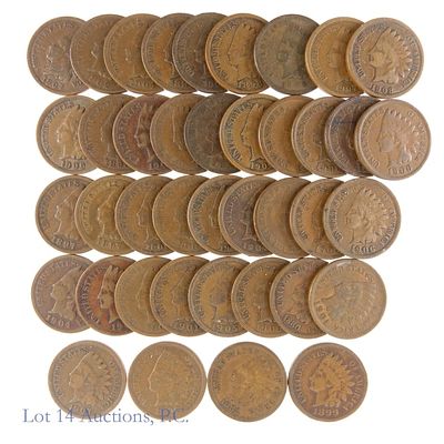 1880 - 1908 US Indian Head Cents, 40. Forty (40) United States copper Indian head cents in 