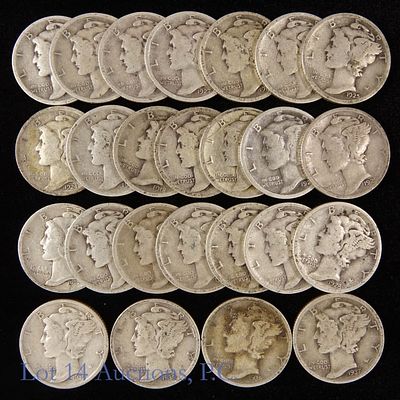 Pre-1940 US Silver Mercury 10c (Full Dates), 25. Twenty-five (25) United States 90%-silver 