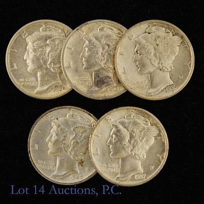 1936 - 1943 US 90%-Silver Mercury Dimes (5). Five (5) United States 90%-silver mercury dimes 