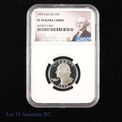 1992-S US Silver Wash. 25c (NGC PF70-U. C.). 1992-S 90%-silver proof Washington quarter (San 