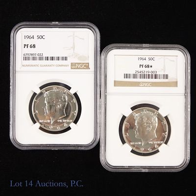 1964 US Silver Kennedy 50c (NGC PF 68), 2. Two (2) 1964 (P) silver Kennedy half dollars 