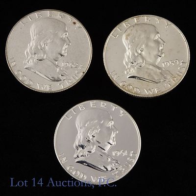 US Silver Proof Franklin 50c, 3. Three (3) United States silver proof Franklin half dollars 