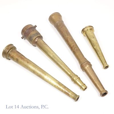 Brass Fire Hose Nozzles, 4. Four vintage / antique brass fire hose nozzles. Listed in descending 