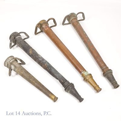 Brass & Copper Fire Hose Nozzles (4). Four (4) brass and copper fire hose nozzles. Three are 