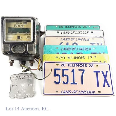 Taxi Lot NYC Fare Box, Chicago Medallion & Plates. 60s / '70s Argo Taxi meter NYC Taxi fare box 