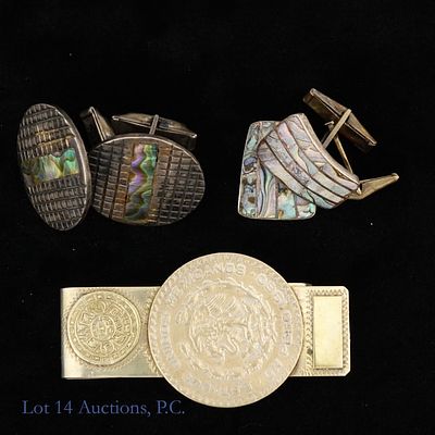 Taxco Sterling Silver Cufflinks (2) & Money Clip. Two pairs of Taxco sterling silver cuff links 