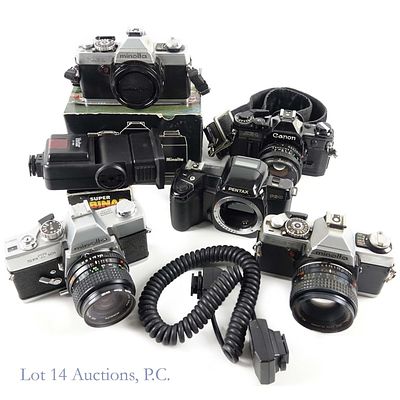 Canon, Minolta, Pentax 35mm Cameras & Lenses. Canon AE-1 35mm camera with 50 mm f/1. lens and 