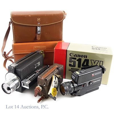 Canon Super 8, B&H 16mm, Wittnauer 8mm Cameras. Canon 514XL Super 8 camera in original box. Door 