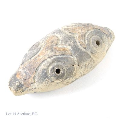 Mexican Fish-Shaped Flute / Whistle. Small stoneware wind instrument, likely a flute or whistle 