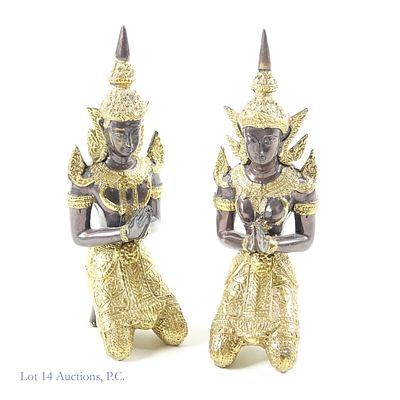 Pair of Small Thai Teppanom Statues. Two small metal statues of a man and a woman kneeling. 