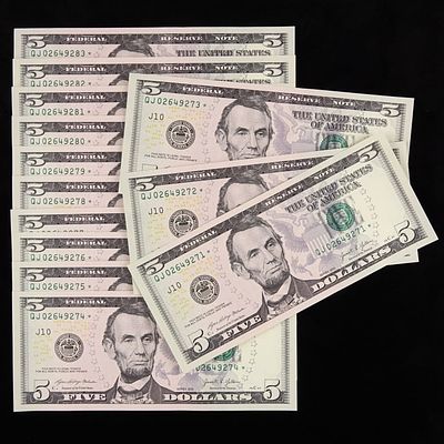 2021 US $5 FR STAR Notes W/ C/SNs (CU), 13. Thirteen (13) 2021 United States $5 Federal Reserve 