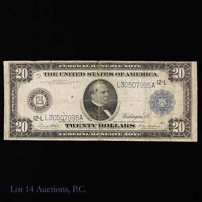 1914 US $20 Federal Res Note Blue Seal F-1011A. (F-1011A) series 1914 United States $20 Federal 