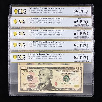 2017A US $10 FR STAR Note w/ C/SNs (PCGS 64-66), 5. Five (5) series 2017-A United States $10 