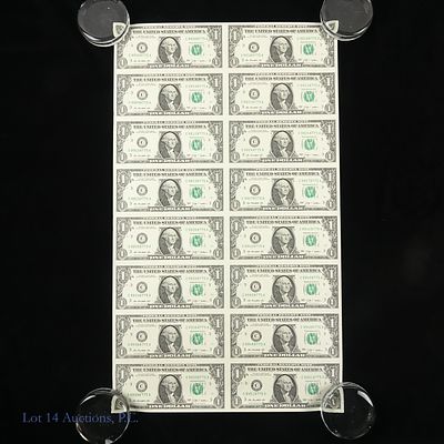 2009 US $1 FRN Uncut Sheet (CU), 16 Notes. Uncut sheet of sixteen (16) series 2009 United States 