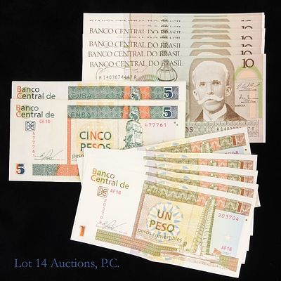 Brazil & Cuba Banknotes With Consecutive S/Ns, 15. Fifteen (15) Brazil and Cuba bank notes, many 