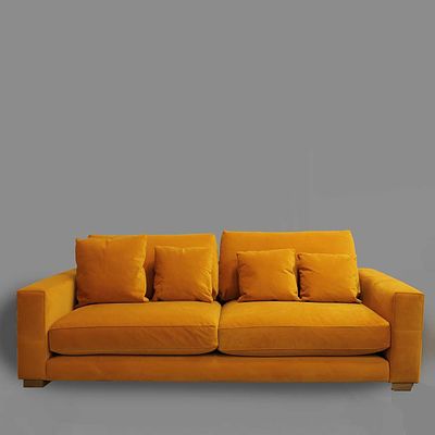 SOFA WORKSHOP SOFA IN ORANGE VELVET UPHOLSTERY 82cm H x 220cm W x 105cm D