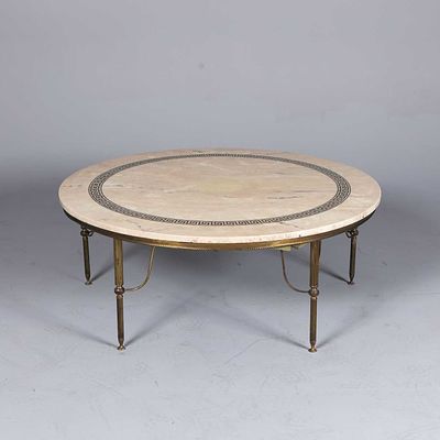 COFFEE TABLE, CIRCULAR marble effect with Greek key detail, circa 1970's 42 cm h x 107 cm w