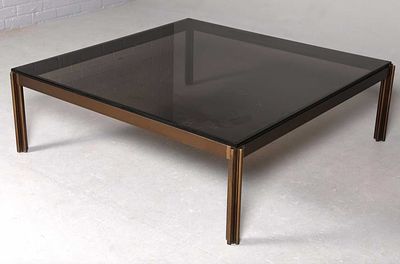 1970s FRENCH GEORGE CIANCIMINO COFFEE TABLE FOR MOBILIER INTERNATIONAL. Smoked glass top on a 