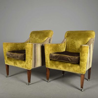 ARMCHAIRS, A PAIR, POSSIBLY BY WILLIAM YEOWARD with lime green velvet backs, contrasting seat 