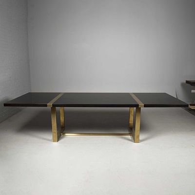 DINING TABLE gilt metal supports with gilt accents to top. Approx. 92cm H x 300cm W x 110cm D. 