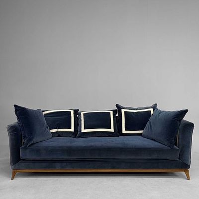 BLUE VELVET UPHOLSTERED SOFA white fabric stripe detail, various scatter cushions, 295cm W 