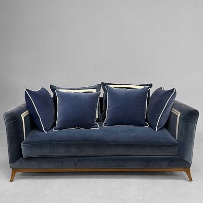 BLUE VELVET UPHOLSTERED SOFA white fabric stripe detail, various scatter cushions, 195cm W 