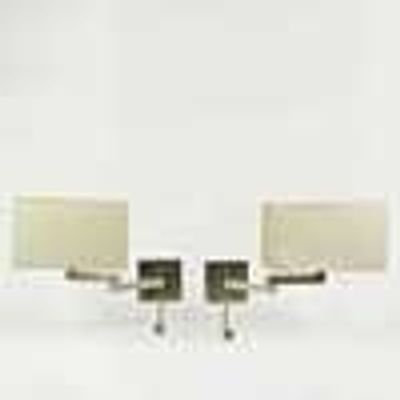 A PAIR OF BRUSHED STAINLESS STEEL BEDSIDE LIGHTS WITH LED READING LIGHT. (2). With shades, 40cm 