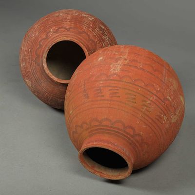 INDIAN GHARA STYLE POTS, 2 SIMILAR 60cm H each approx. (2) faults