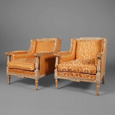 PAIR OF LOUIS XVI STYLE LIMED BEECHWOOD BERGERES (2) orange damask upholstery. 84cm H x 68cm W 