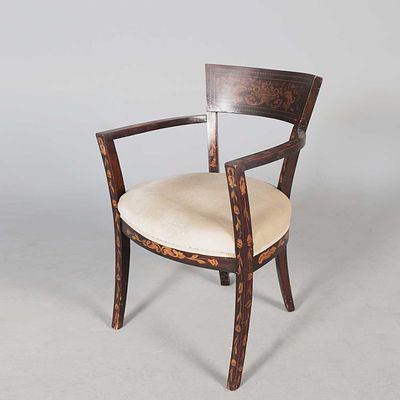 19TH CENTURY DUTCH ARMCHAIR mahogany and floral marquetry with cream velvet seat, 79cm H x 53cm 