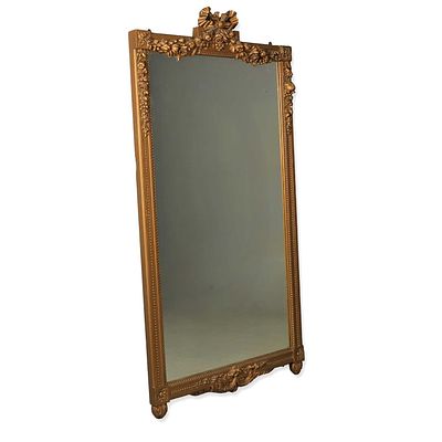 OVERMANTEL MIRROR / PIER GLASS with a ribbon surmount and fruit sway detail, gold painted 182 