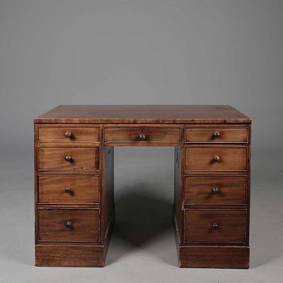 REGENCY MAHOGANY PEDESTAL DESK nine drawers, 73cm H x 104cm W x 63cm D. glass cover included 