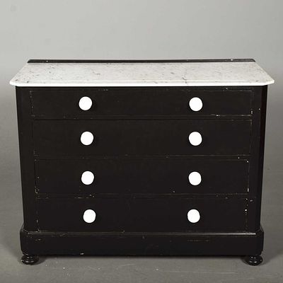 19TH CENTURY FRENCH COMMODE later black painted with white marble top above four drawers with 