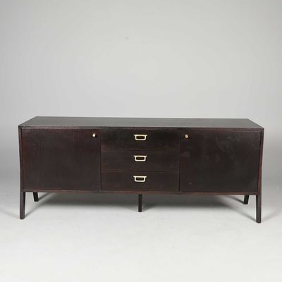 BLACK ASH SIDEBOARD three drawers and two doors, 80cm H x 200cm W x 55cm D.