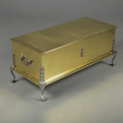 BRASS CLAD AND SILVERED METAL TRUNK 45cm H x 102cm W x 46cm D. scratches