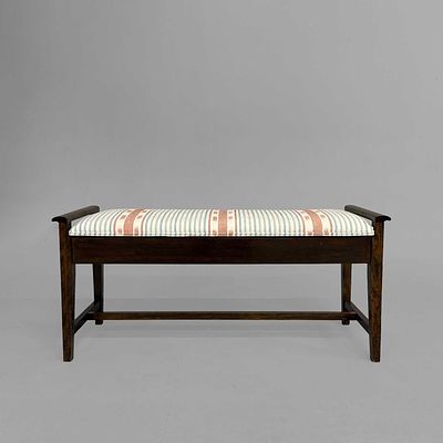 EDWARDIAN BIRCH DUET STOOL hinged seat in striped fabric, 50cm H x 99cm W x 35cm D.